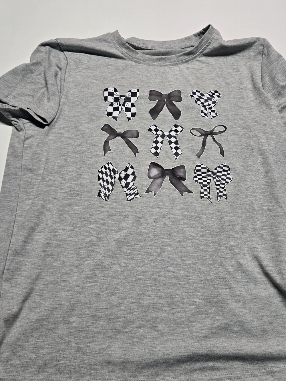 SHEIN Gray Tee with Black & White Bow Print